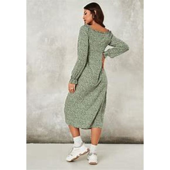 Missguided Women's Button Thru Milkmaid Midi Dress Ditsy Green‎ Size 6 NEW - Picture 3 of 16